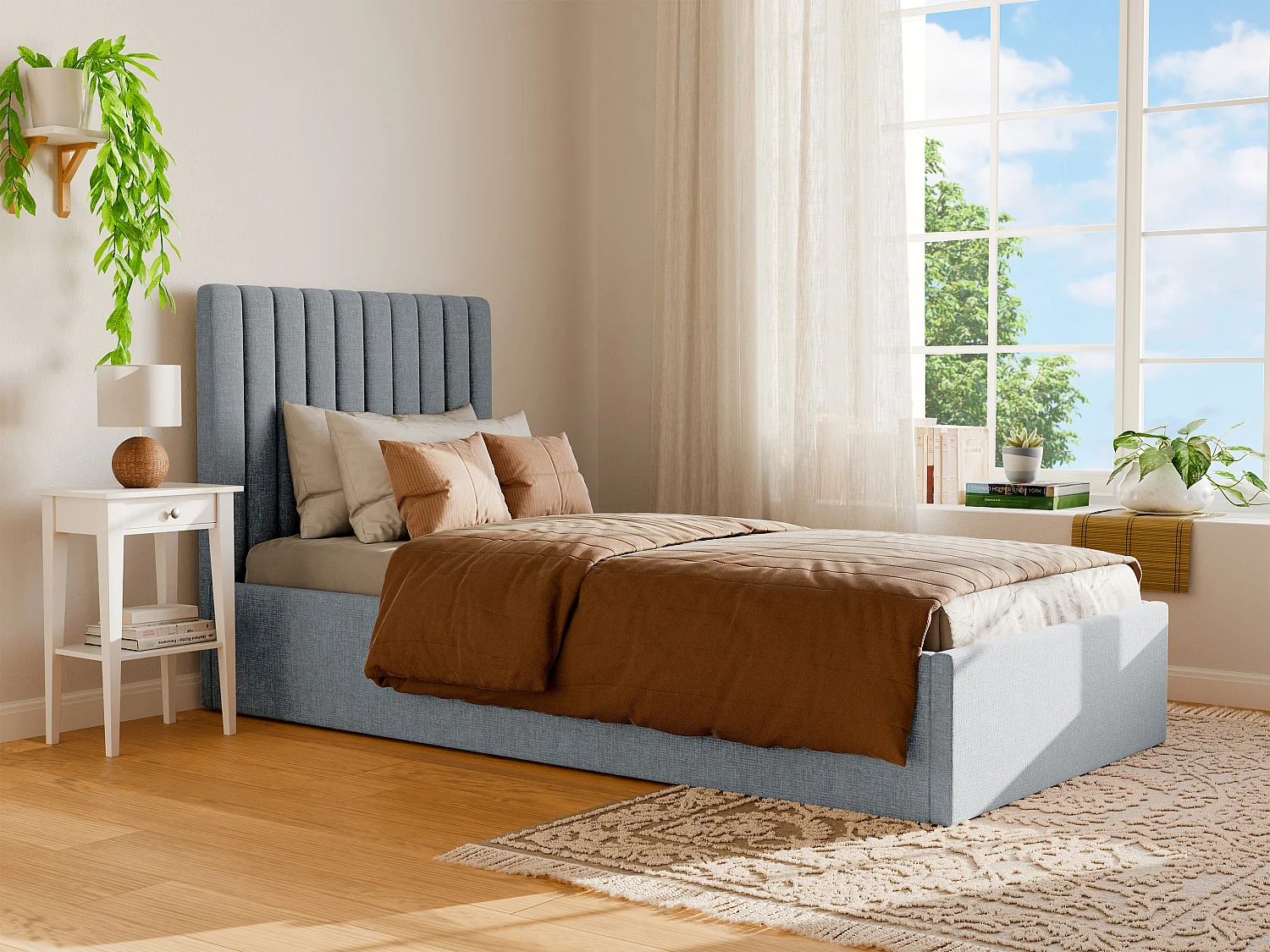 Bed met opbergruimte 90 x 190 cm met hoofdbord met verticale naden - Stof - Hemelsblauw - SARAH II