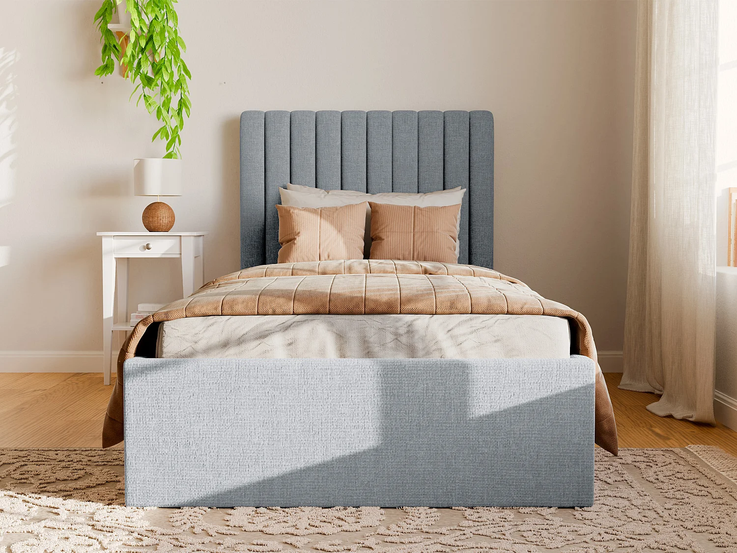 Bed met opbergruimte 90 x 190 cm met hoofdbord met verticale naden - Stof - Hemelsblauw - SARAH II