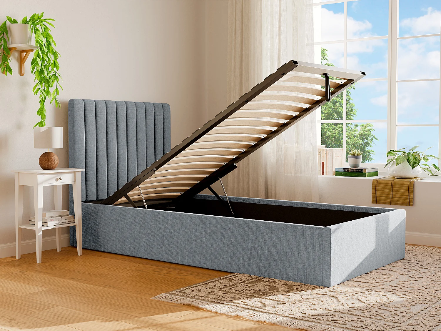 Bed met opbergruimte 90 x 190 cm met hoofdbord met verticale naden - Stof - Hemelsblauw - SARAH II