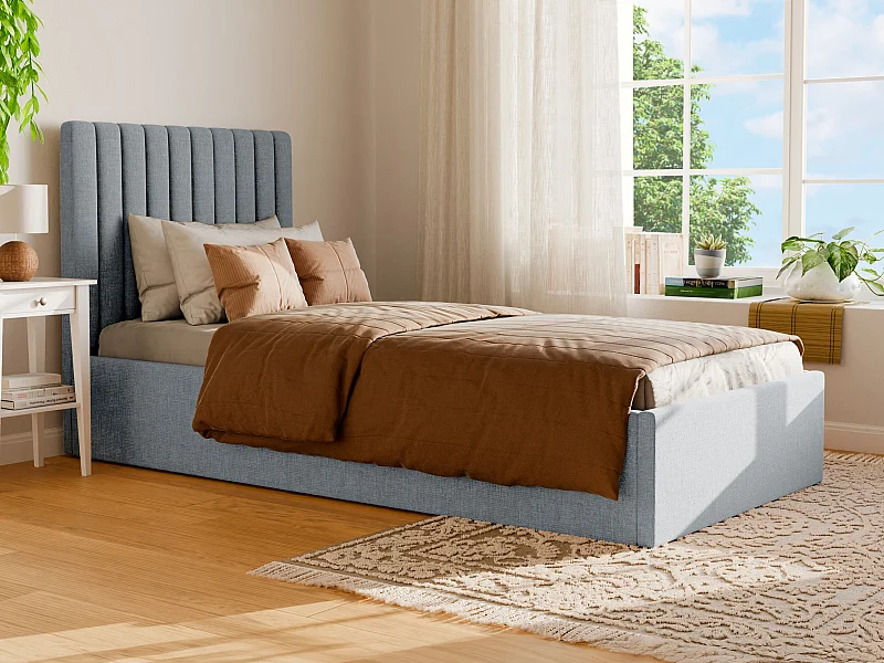 Bed met opbergruimte 90 x 190 cm met hoofdbord met verticale naden - Stof - Hemelsblauw - SARAH II