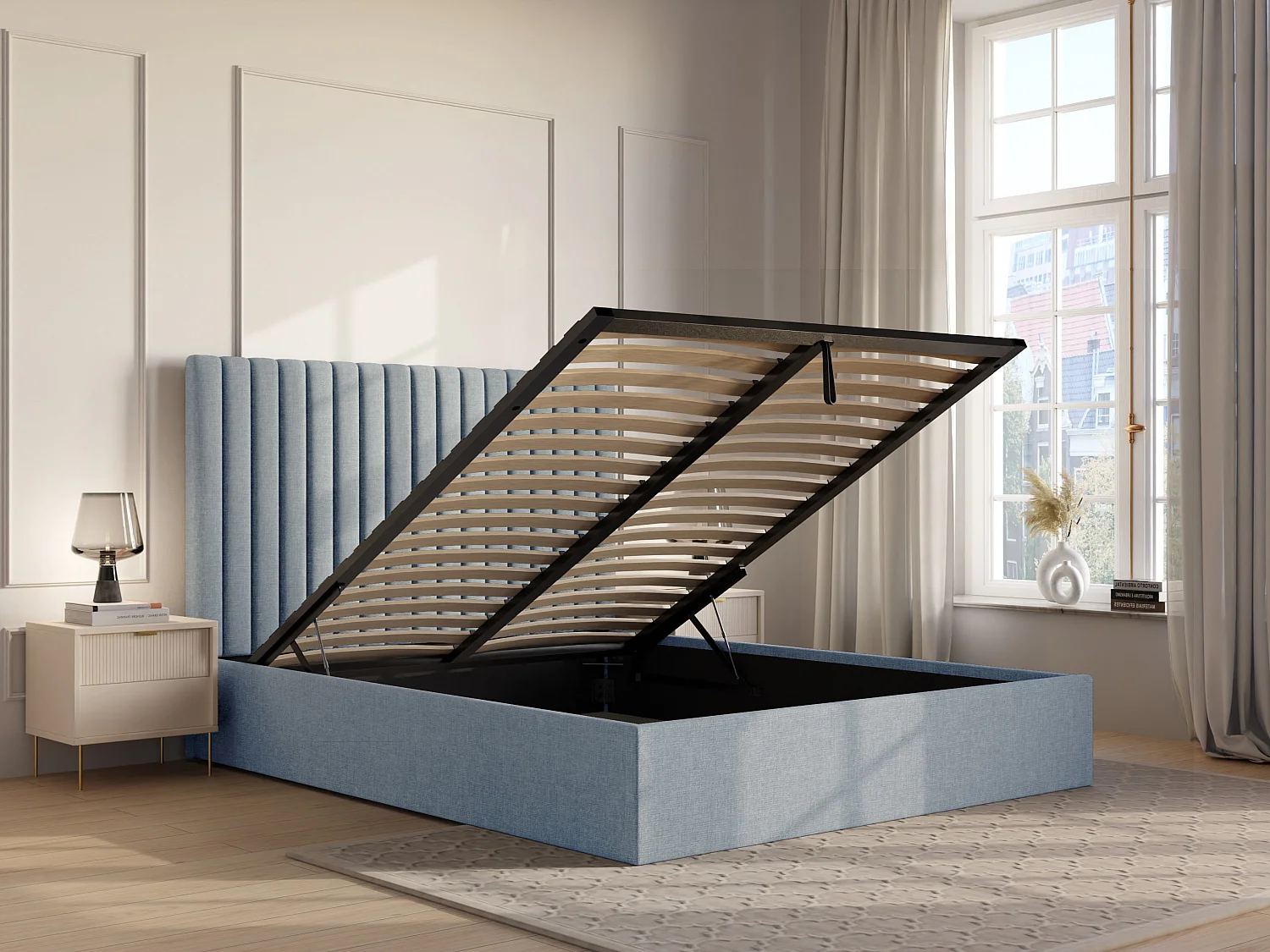 Bed met opbergruimte 140 x 190 cm met hoofdbord met verticale stiksels - Stof - Hemelsblauw - SARAH II
