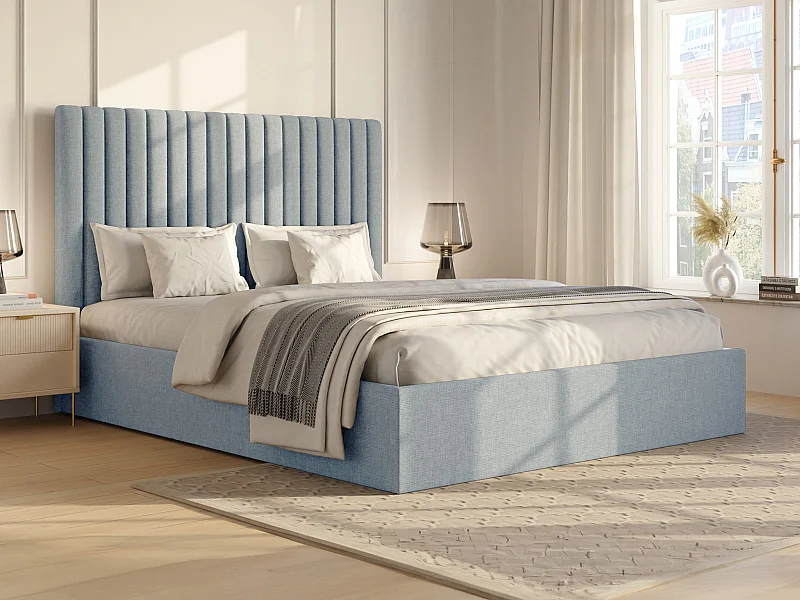 Bed met opbergruimte 180 x 200 cm met hoofdbord met verticale stiksels - Stof - Hemelsblauw - SARAH II