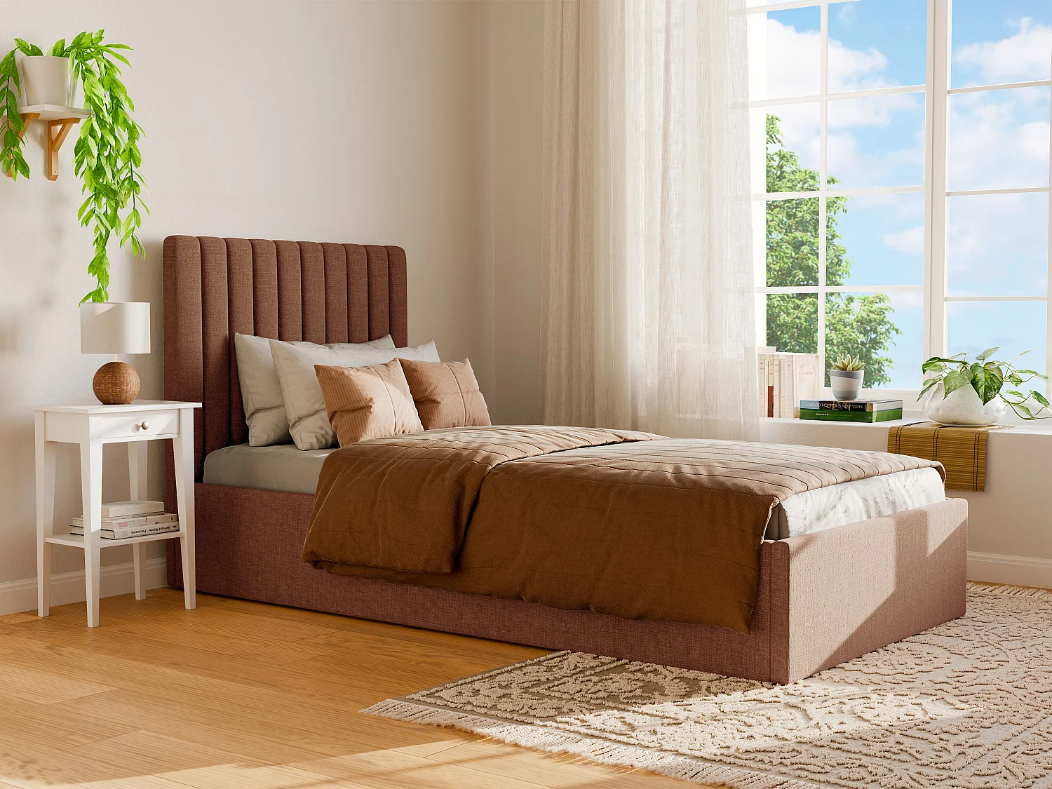 Bed met opbergruimte 90 x 190 cm met hoofdbord met verticale naden - Stof - Terracotta - SARAH II