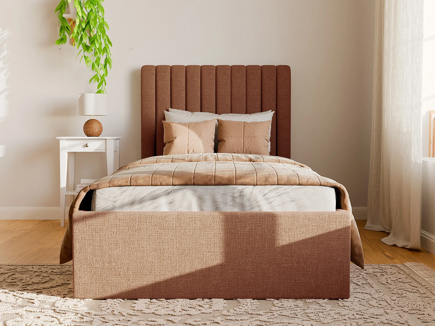Bed met opbergruimte 90 x 190 cm met hoofdbord met verticale naden - Stof - Terracotta - SARAH II