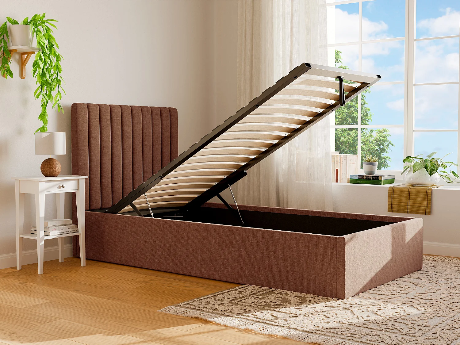 Bed met opbergruimte 90 x 190 cm met hoofdbord met verticale naden - Stof - Terracotta - SARAH II