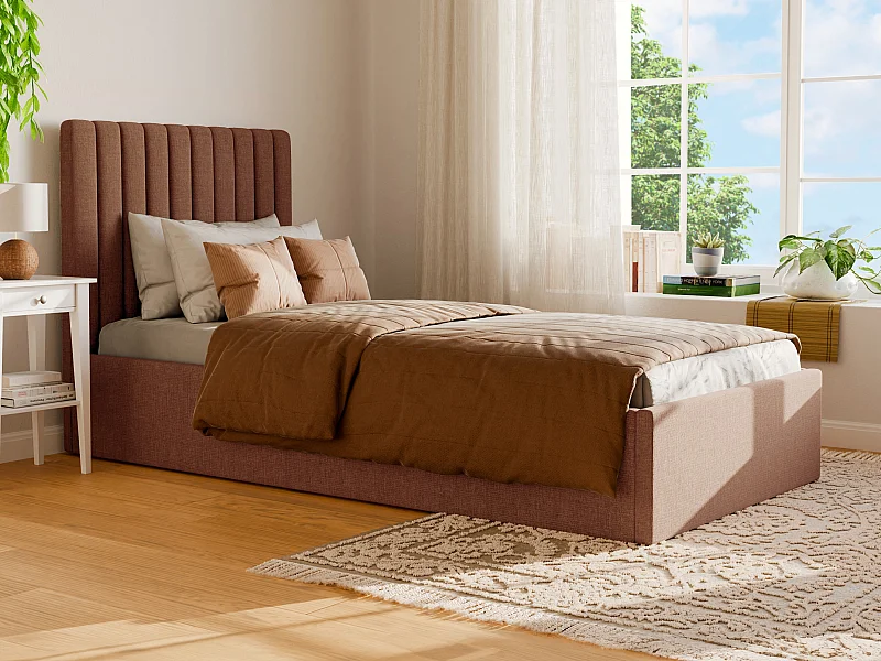 Bed met opbergruimte 90 x 190 cm met hoofdbord met verticale naden - Stof - Terracotta - SARAH II