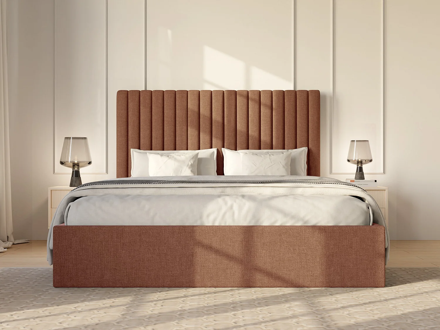 Bed met opbergruimte 140 x 190 cm met hoofdbord met verticale stiksels - Stof - Terracotta - SARAH II