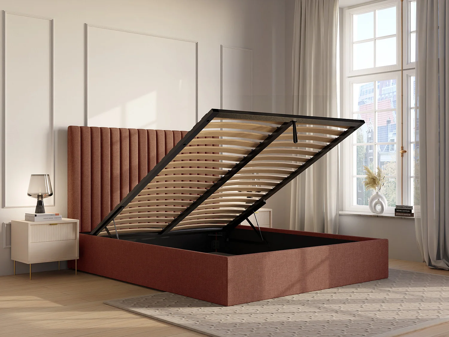 Bed met opbergruimte 140 x 190 cm met hoofdbord met verticale stiksels - Stof - Terracotta - SARAH II