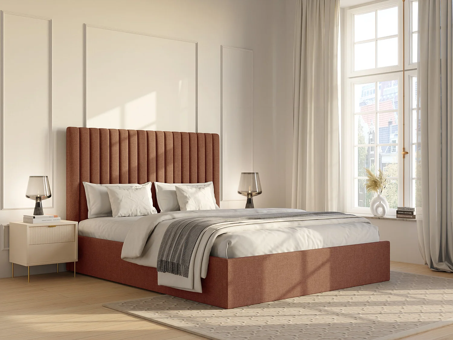 Bed met opbergruimte 140 x 190 cm met hoofdbord met verticale stiksels - Stof - Terracotta - SARAH II