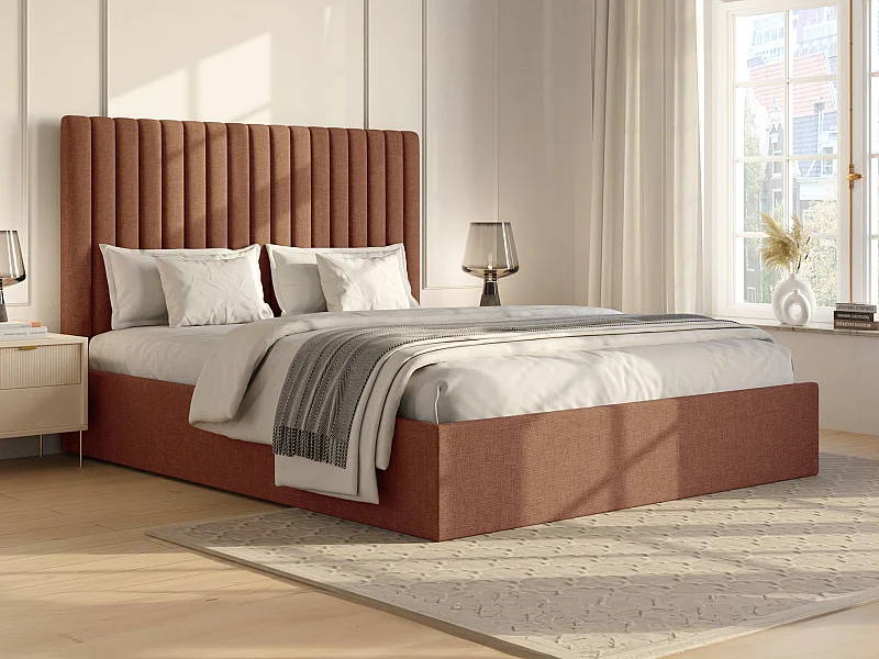 Cama com espaço de arrumação 180x200 cm com cabeceira de cama costuras verticais tecido terracota - SARAH II