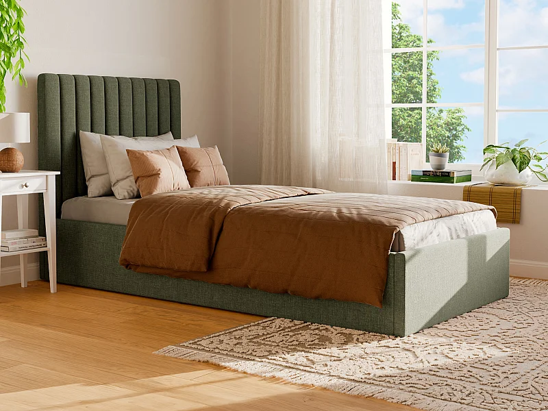 Cama com espaço de arrumação 90x190 cm com cabeceira de costuras verticais tecido verde oliva - SARAH II