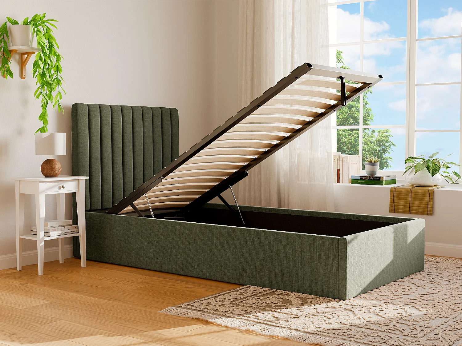 Bed met opbergruimte 90 x 190 cm met hoofdbord met verticale naden - Stof - Olijfgroen - SARAH II