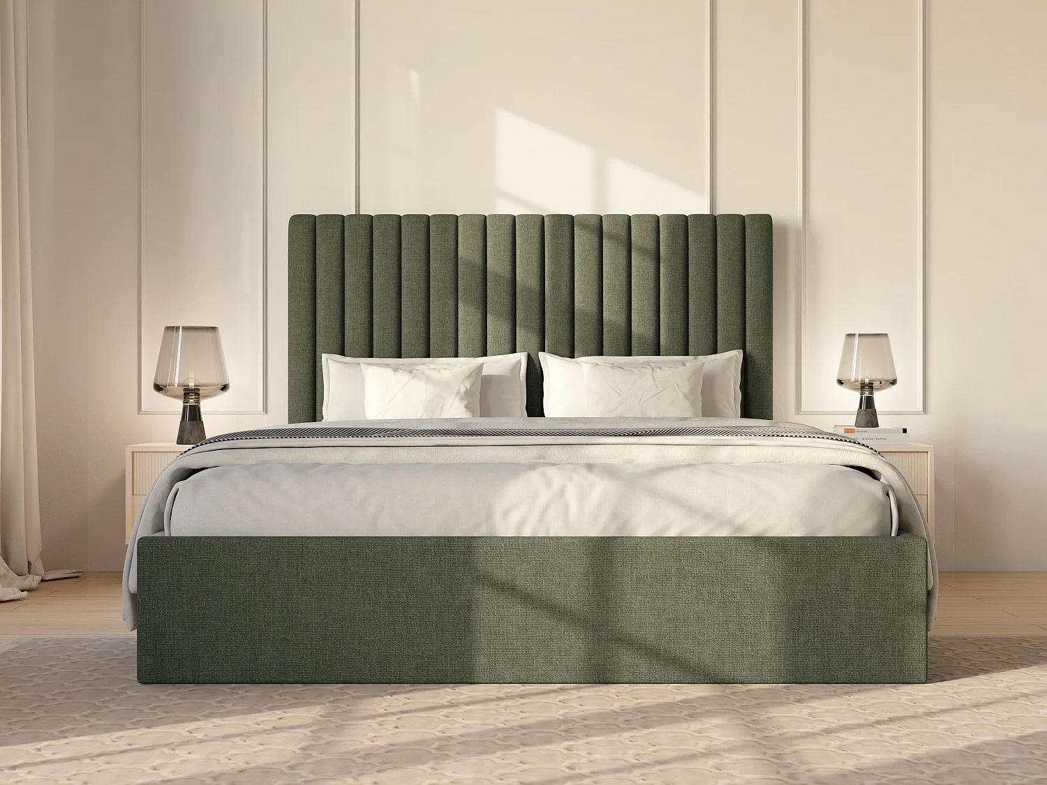 Bed met opbergruimte 120 x 190 cm met hoofdbord met verticale stiksels - Stof - Olijfgroen - SARAH II