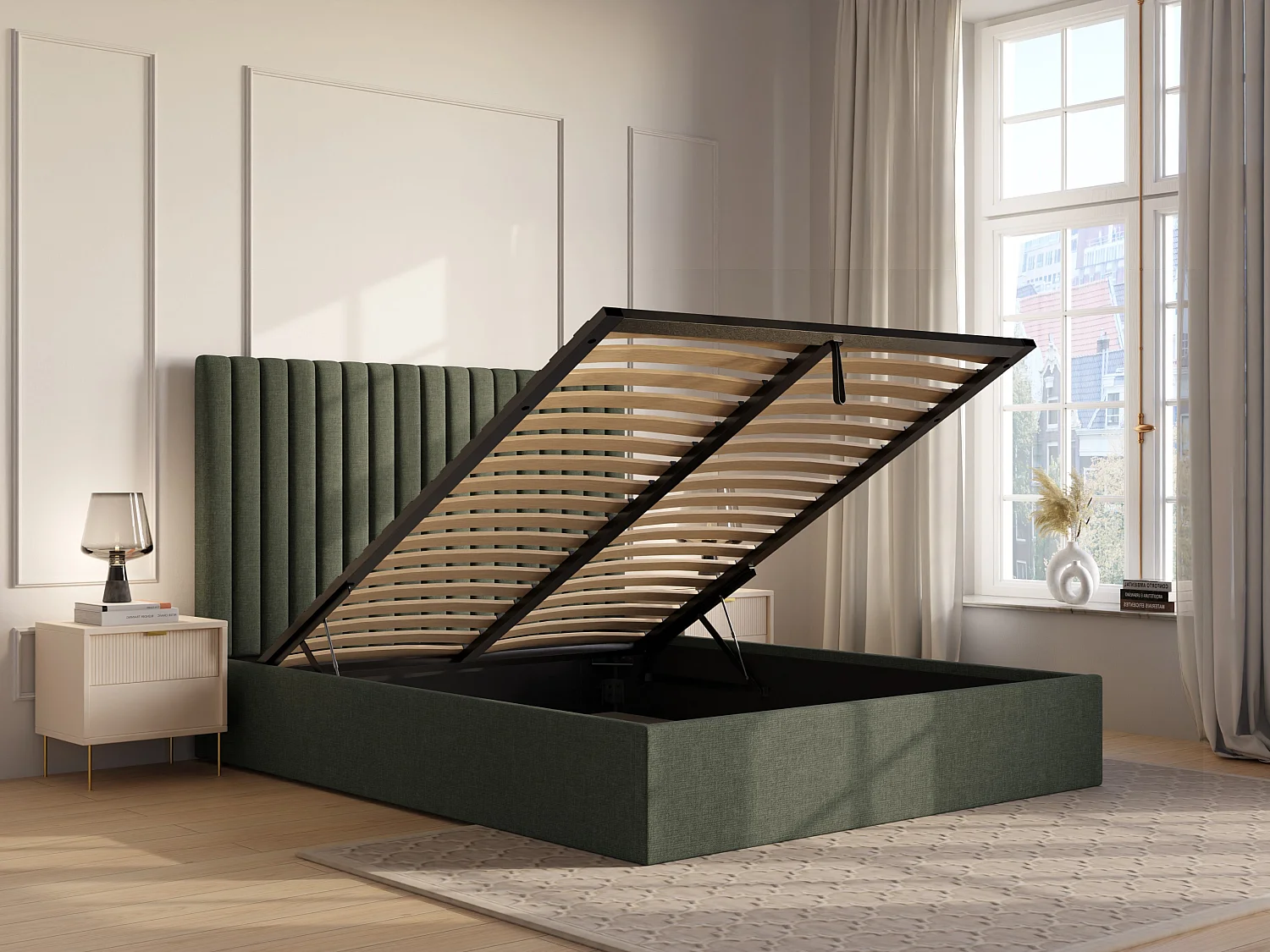 Bed met opbergruimte 120 x 190 cm met hoofdbord met verticale stiksels - Stof - Olijfgroen - SARAH II