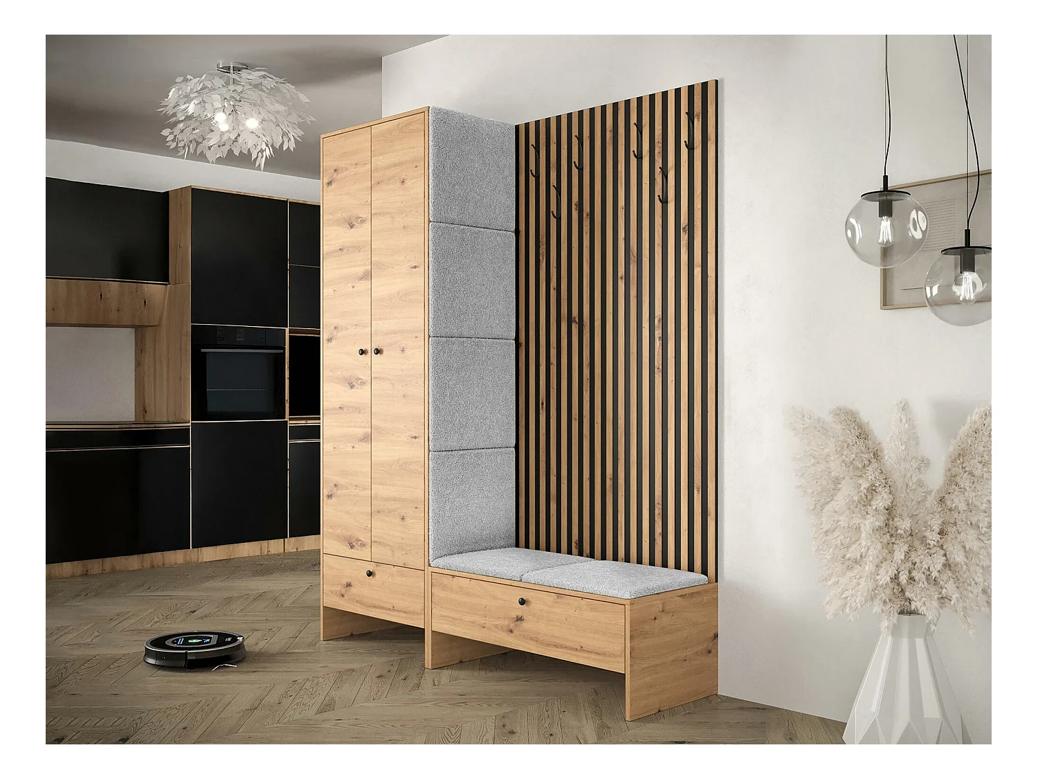 Meuble d'entrée Hartford 320, 206x145x44cm, Chêne Artisan|Noir, Tapisserie|Stratifié