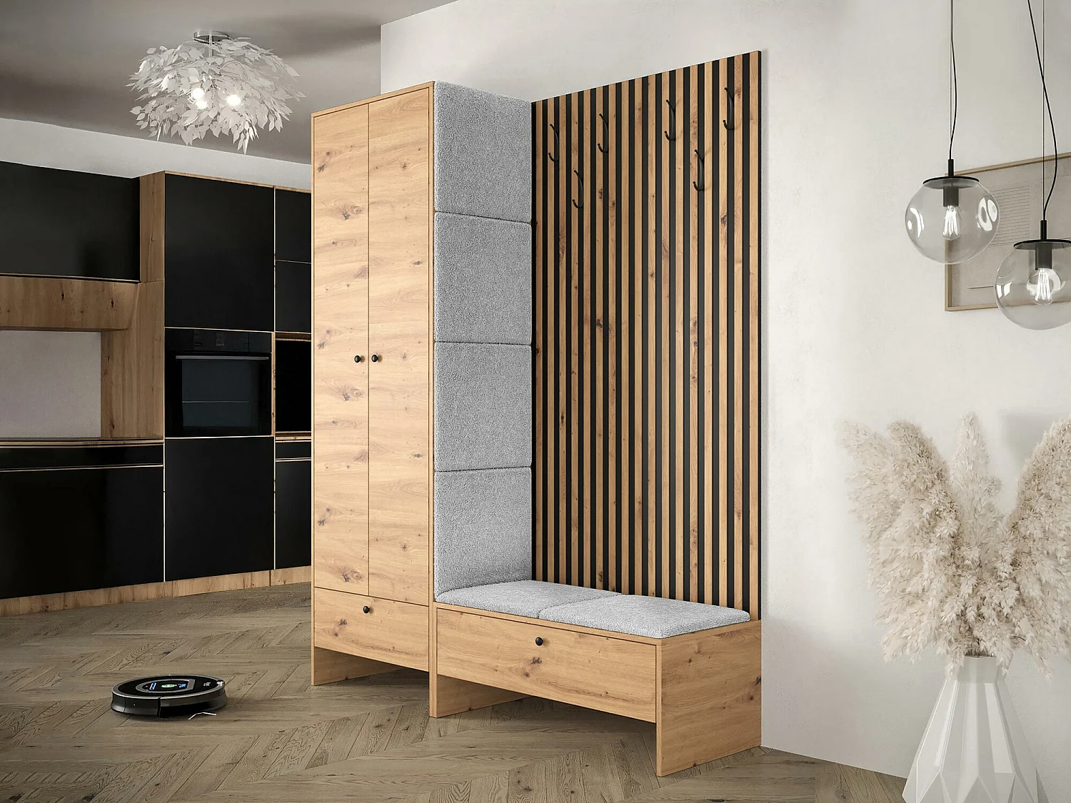 Meuble d'entrée Hartford 320, 206x145x44cm, Chêne Artisan|Noir, Tissu|Stratifié, À poser