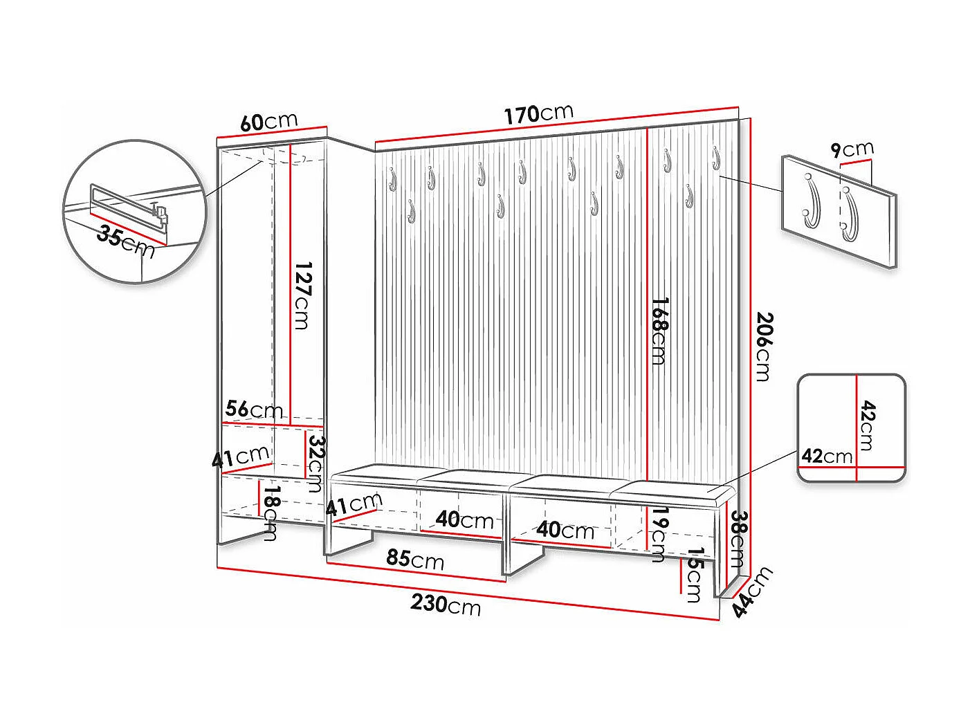 Conjunto para corredor Hartford 484, Colocado, 21x23x4cm