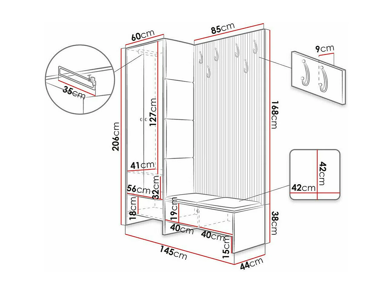 Conjunto para corredor Hartford 320, Colocado, 21x15x4cm