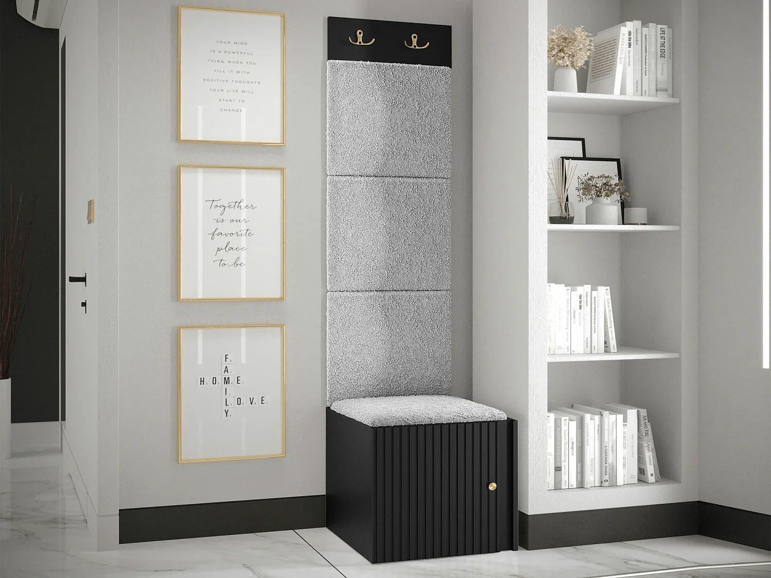 Meuble d'entrée Hartford 386, 186x42x46cm, Gris clair|Noir, Tissu|MDF|Stratifié