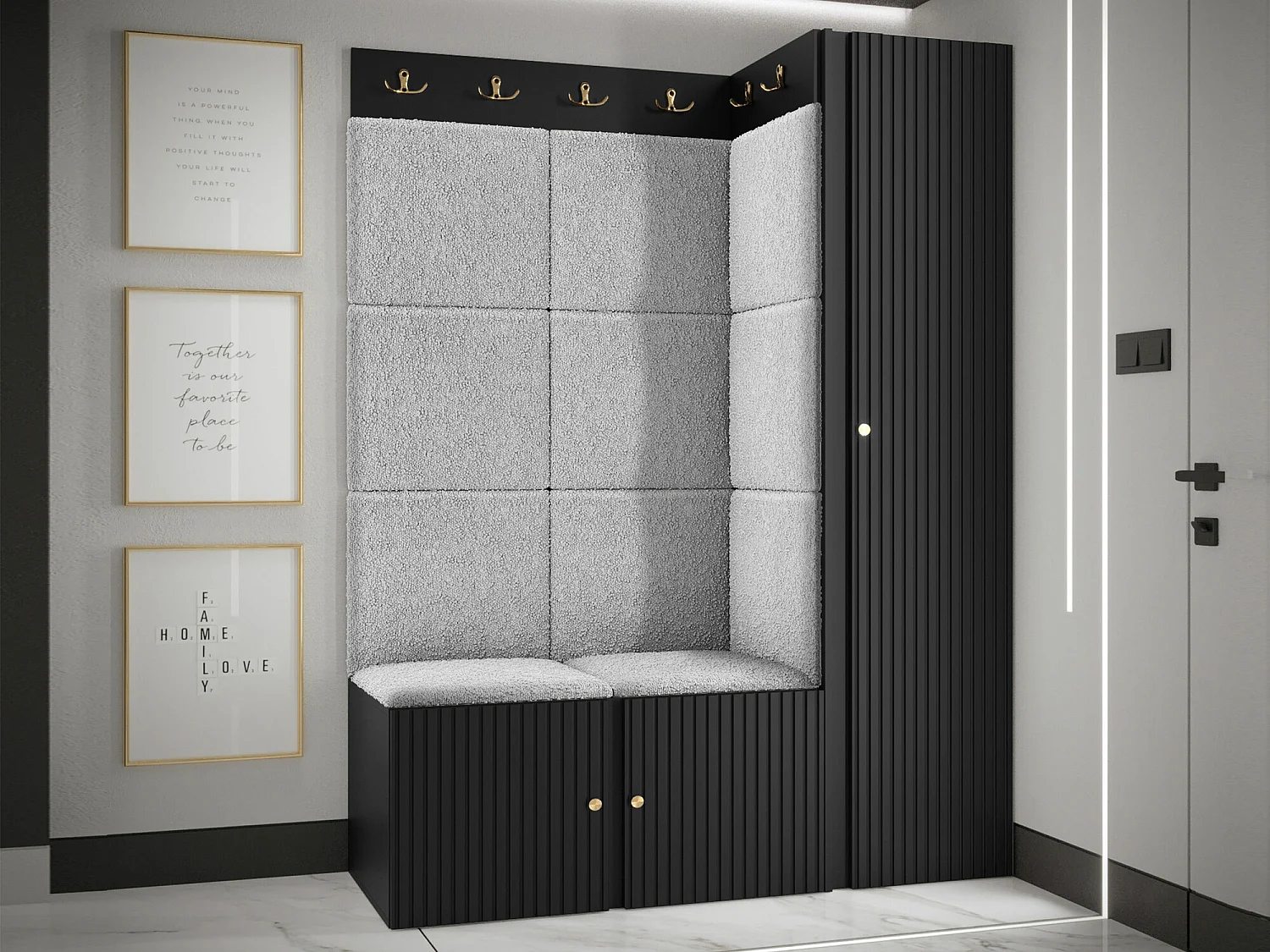 Meuble d'entrée Hartford 385, 186x124x46cm, Noir|Gris clair, Tissu|MDF|Stratifié