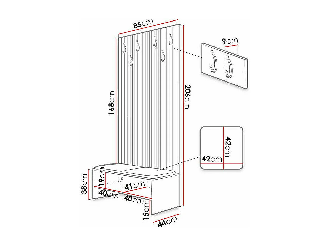 Meuble d'entrée Hartford 321, 206x85x44cm, Chêne Artisan|Noir, Stratifié|Tissu, À poser