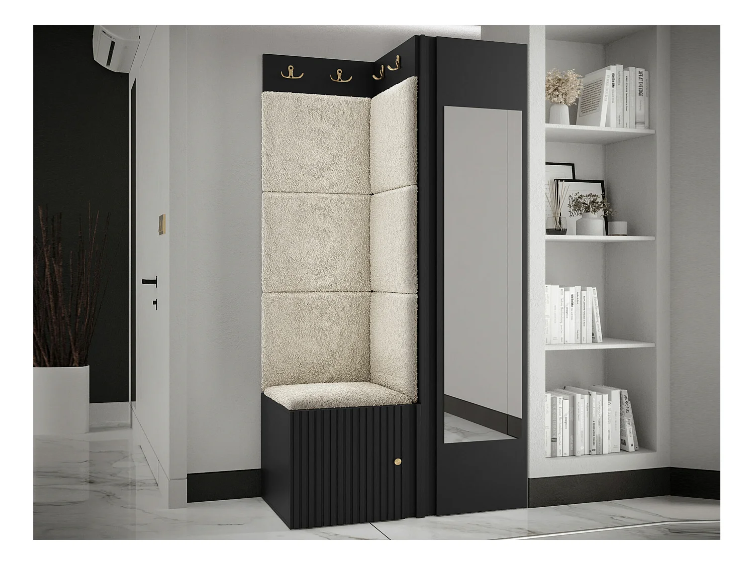 Meuble d'entrée Hartford 391, 186x82x46cm, Miroir, Noir|Brun clair, Tapisserie|Stratifié