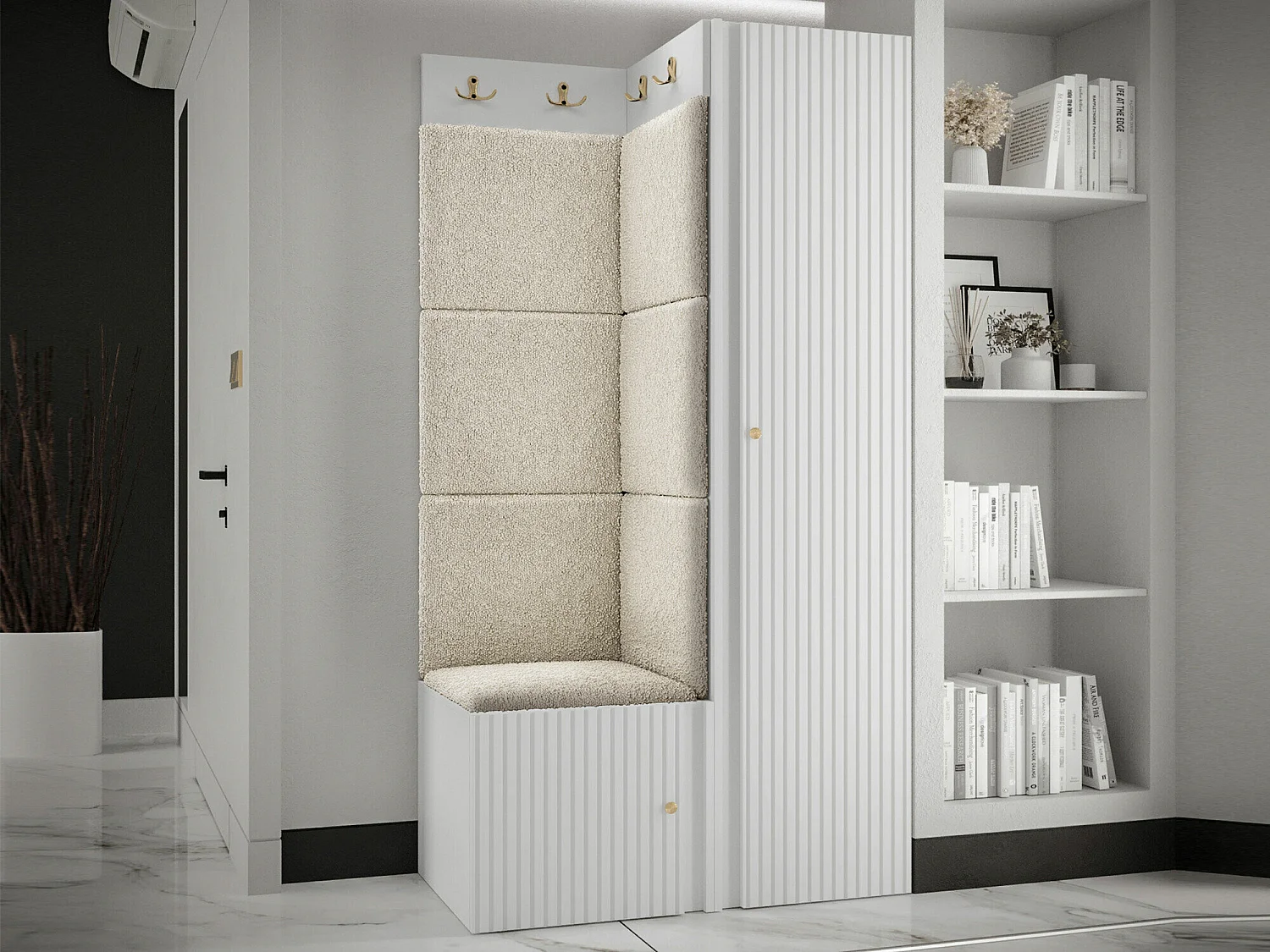 Meuble d'entrée Hartford 390, 186x82x46cm, Blanc|Brun clair, Tissu|Stratifié