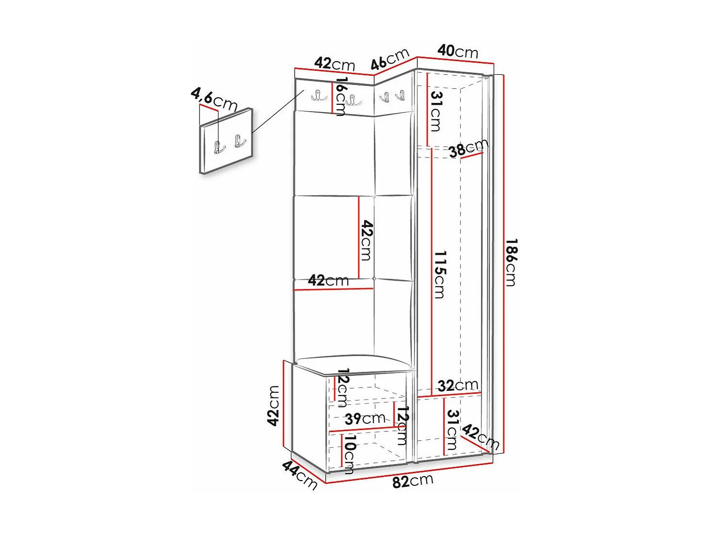 Conjunto para corredor Hartford 390, Montado nas parede, 19x8x5cm