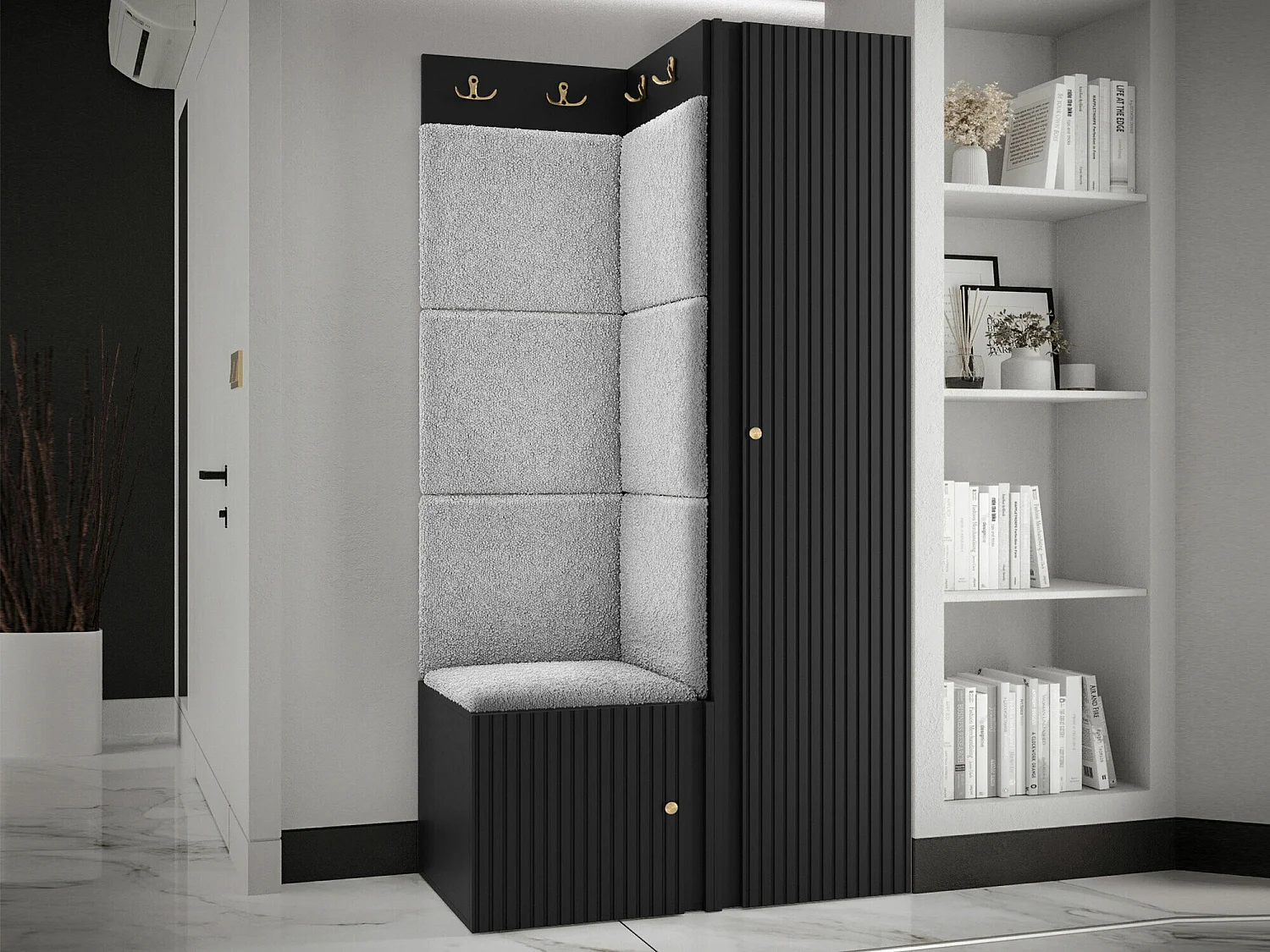 Meuble d'entrée Hartford 390, 186x82x46cm, Noir|Gris clair, Tissu|Stratifié