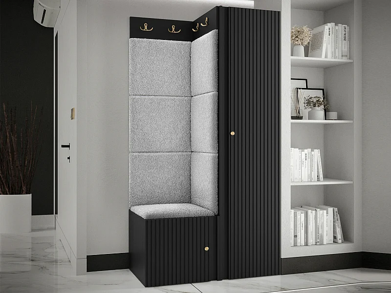 Meuble d'entrée Hartford 390, 186x82x46cm, Gris clair|Noir, Tissu|Stratifié