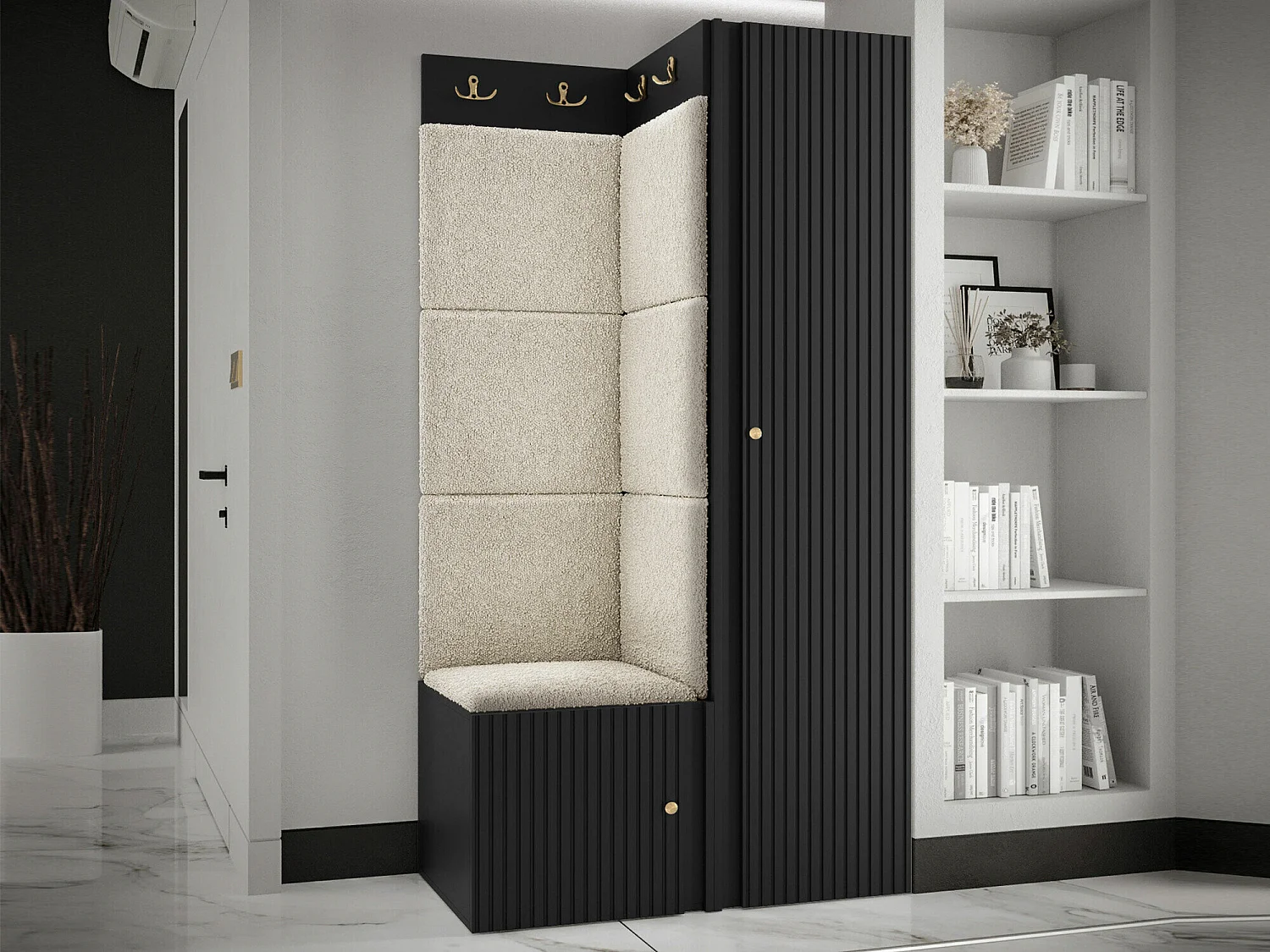 Meuble d'entrée Hartford 390, 186x82x46cm, Brun clair|Noir, Tissu|Stratifié