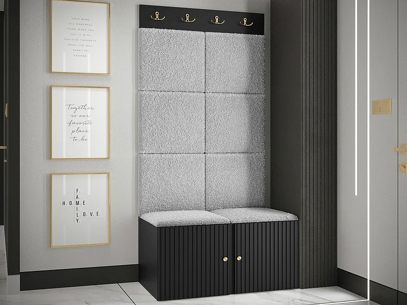 Meuble d'entrée Hartford 383, 186x84x46cm, Noir|Gris clair, Tissu|Stratifié
