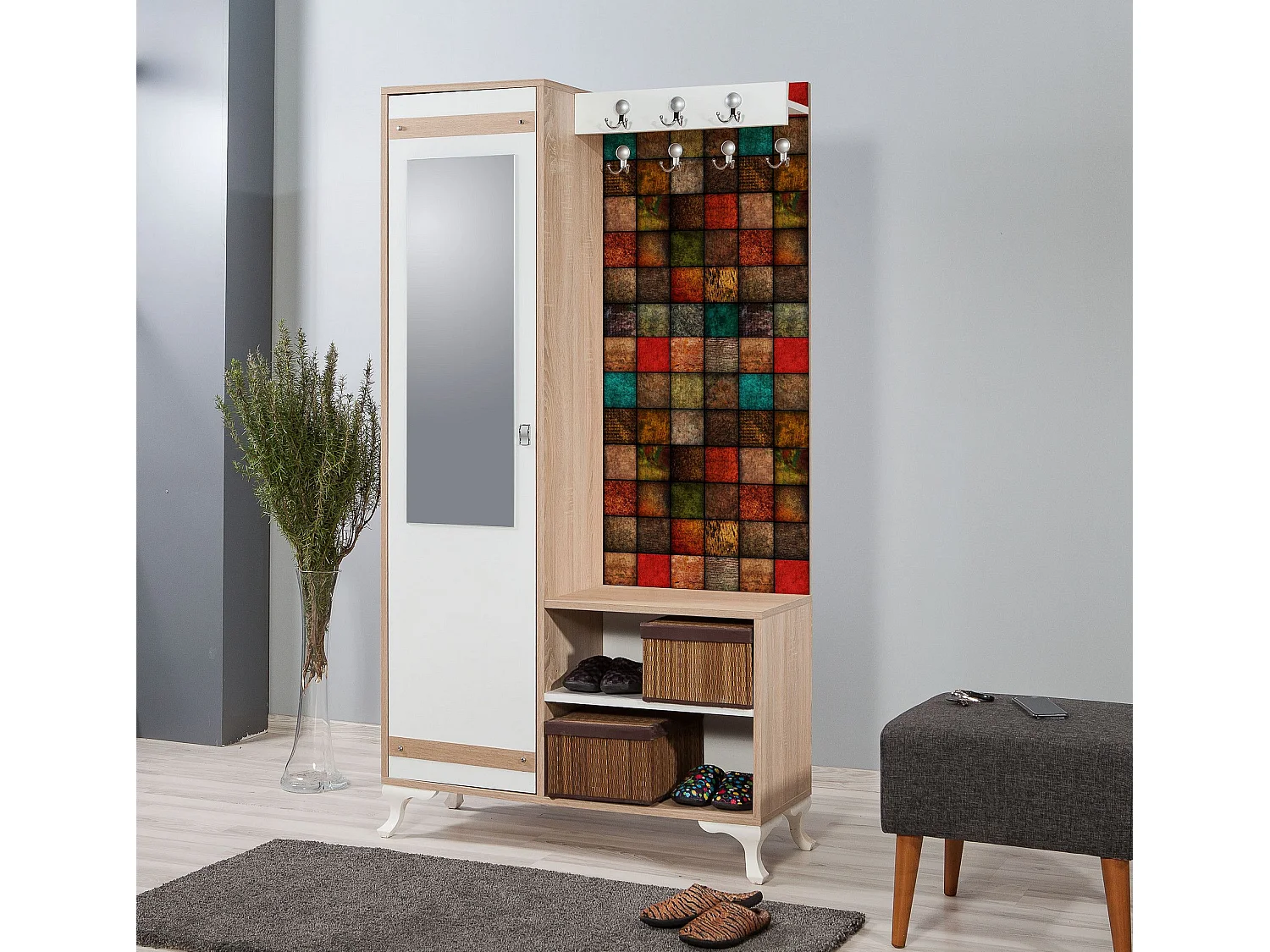 Meuble d'entré avec miroir Ayfara L100xH190cm Bois clair, Blanc et Motif Carreaux Multicolore