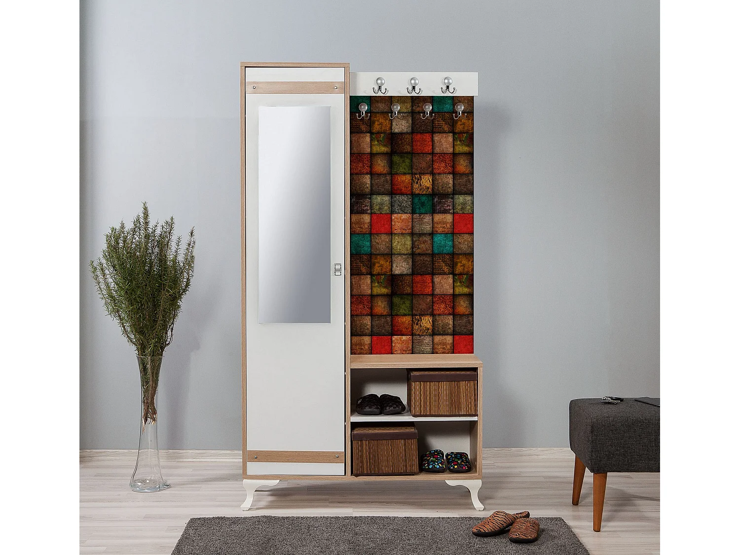 Meuble d'entré avec miroir Ayfara L100xH190cm Bois clair, Blanc et Motif Carreaux Multicolore