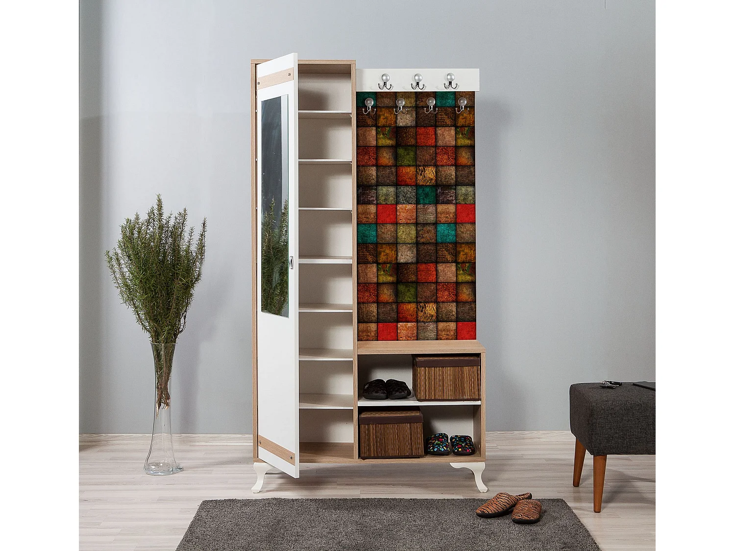 Meuble d'entré avec miroir Ayfara L100xH190cm Bois clair, Blanc et Motif Carreaux Multicolore