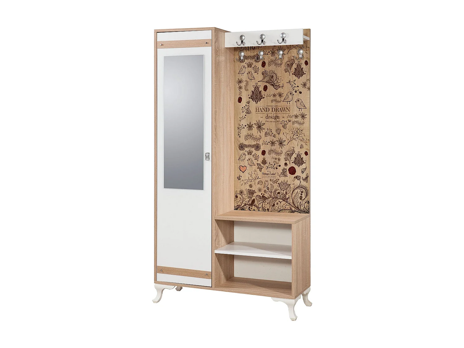 Meuble d'entré avec miroir Ayfara L100xH190cm Bois clair, Blanc et Motif Plantes et oiseaux