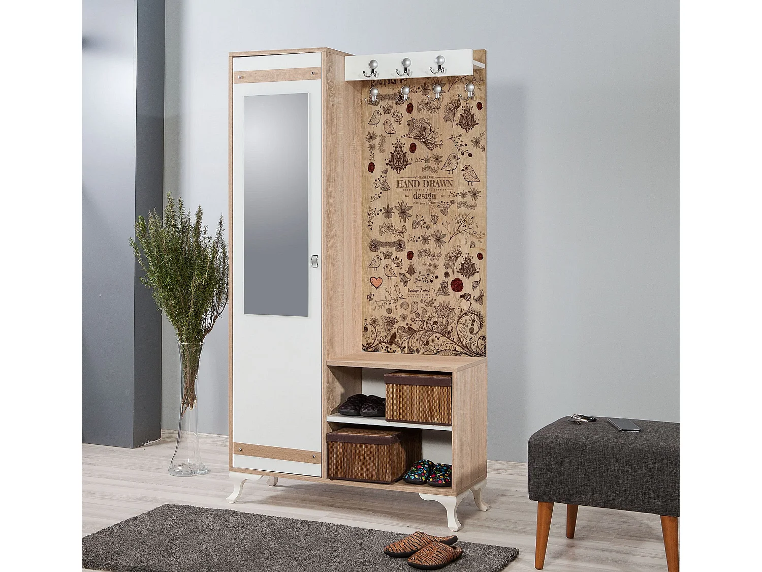Meuble d'entré avec miroir Ayfara L100xH190cm Bois clair, Blanc et Motif Plantes et oiseaux