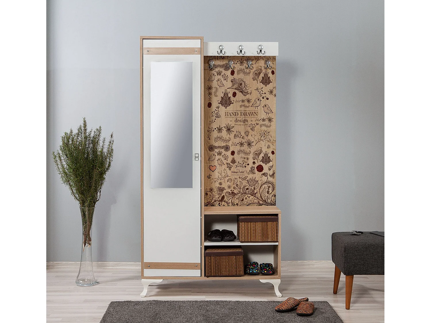 Meuble d'entré avec miroir Ayfara L100xH190cm Bois clair, Blanc et Motif Plantes et oiseaux