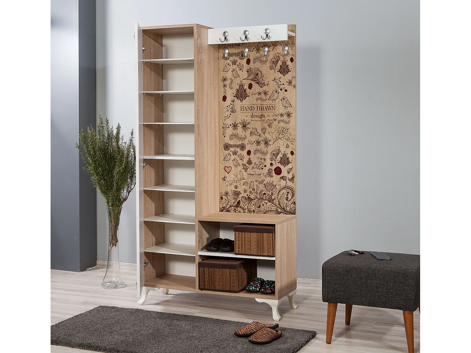 Meuble d'entré avec miroir Ayfara L100xH190cm Bois clair, Blanc et Motif Plantes et oiseaux