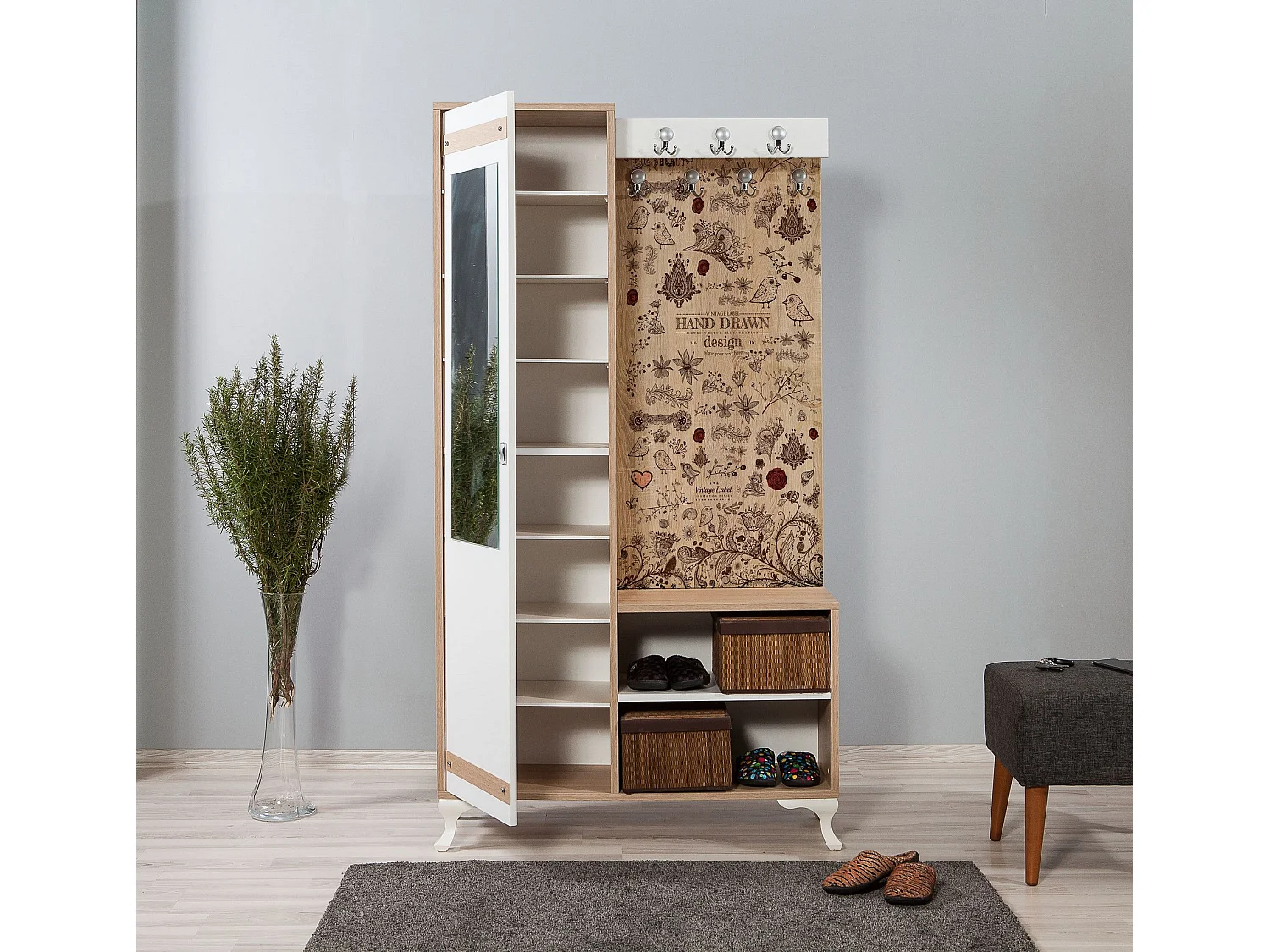 Meuble d'entré avec miroir Ayfara L100xH190cm Bois clair, Blanc et Motif Plantes et oiseaux