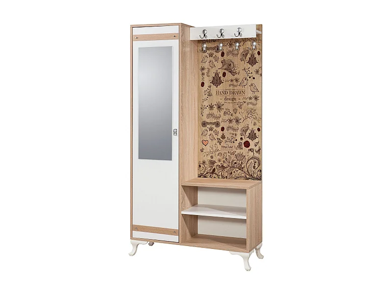 Meuble d'entré avec miroir Ayfara L100xH190cm Bois clair, Blanc et Motif Plantes et oiseaux