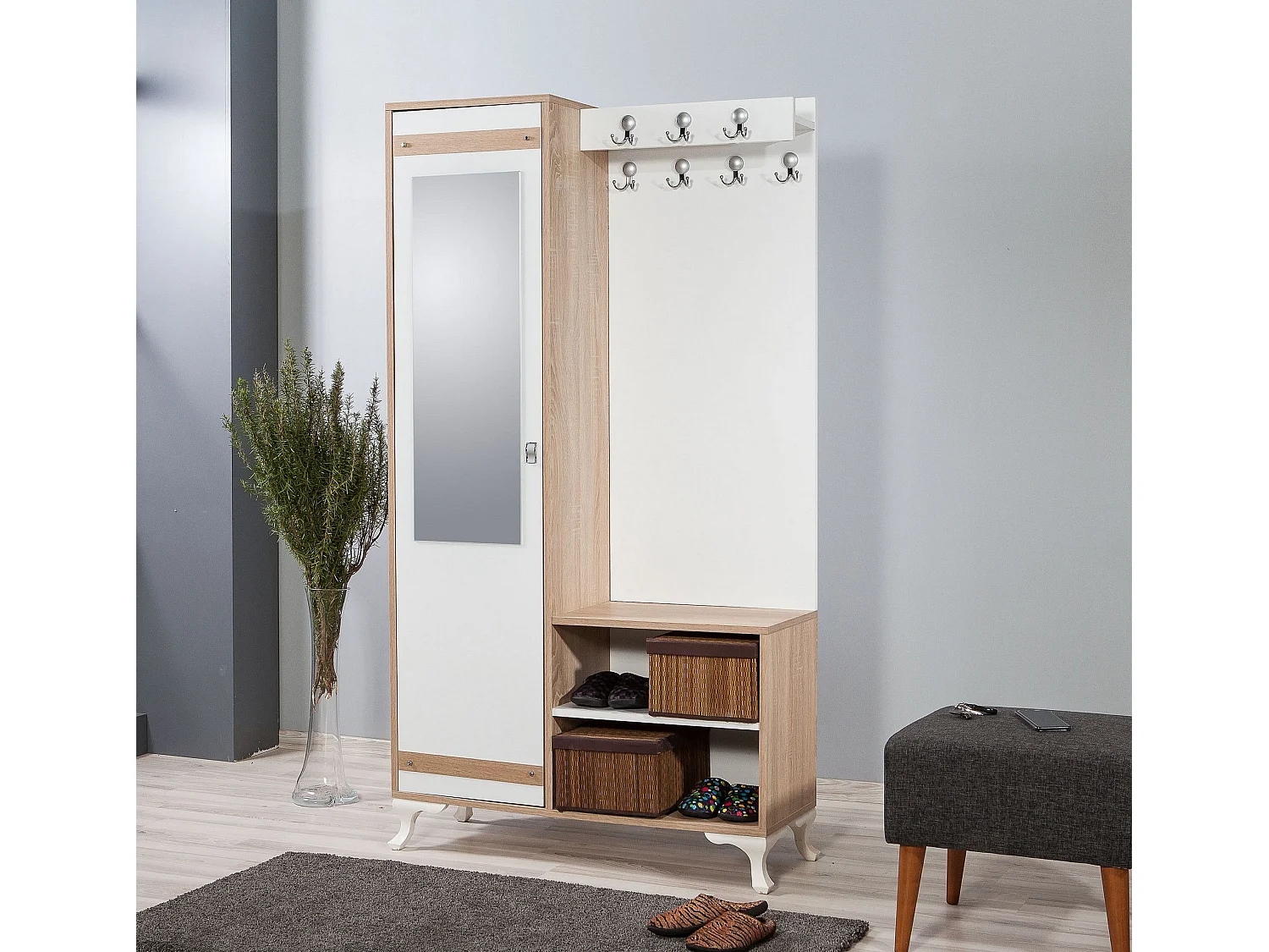 Meuble d'entré avec miroir Ayfara L100xH190cm Bois clair, Blanc