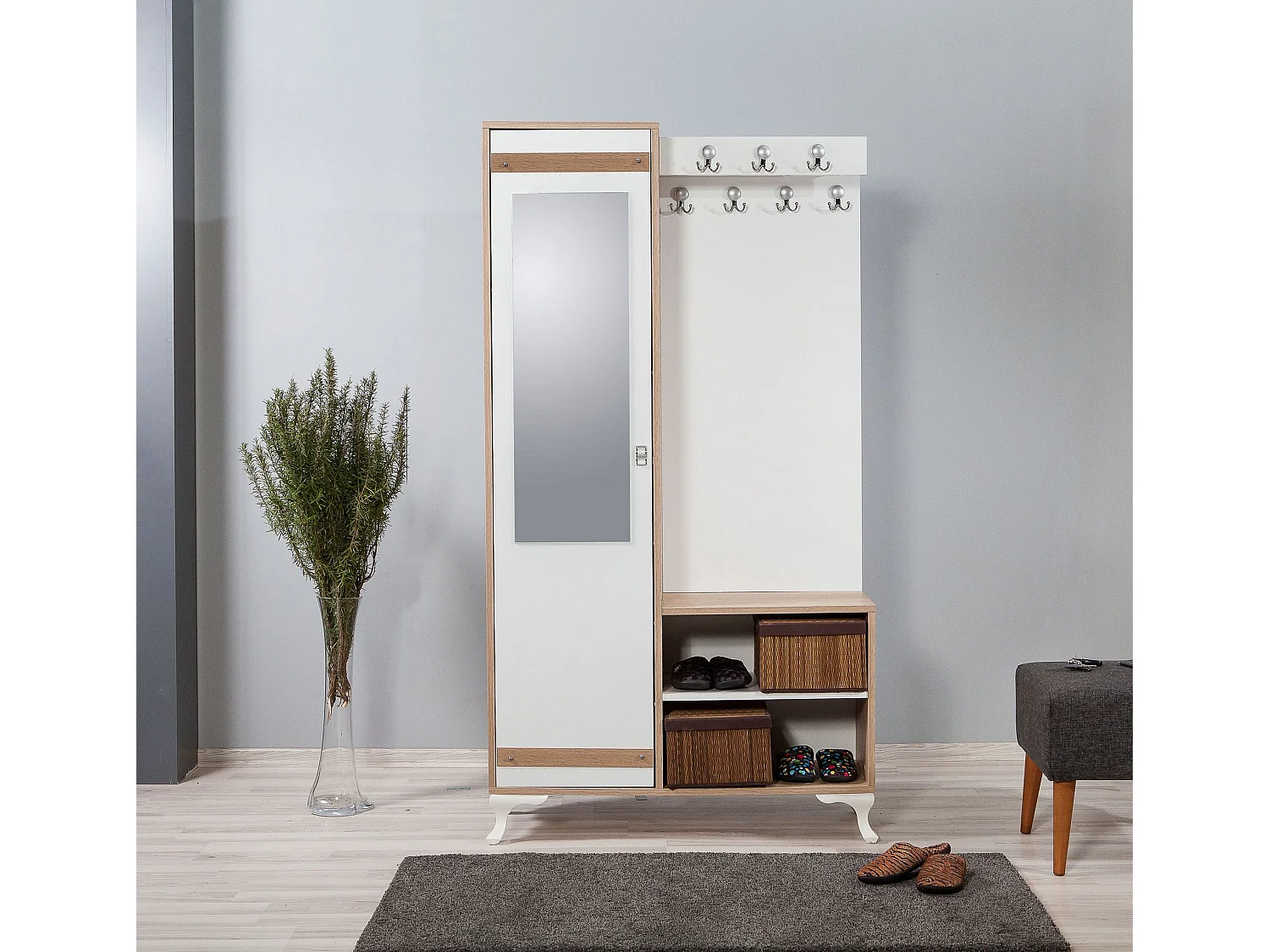 Meuble d'entré avec miroir Ayfara L100xH190cm Bois clair, Blanc