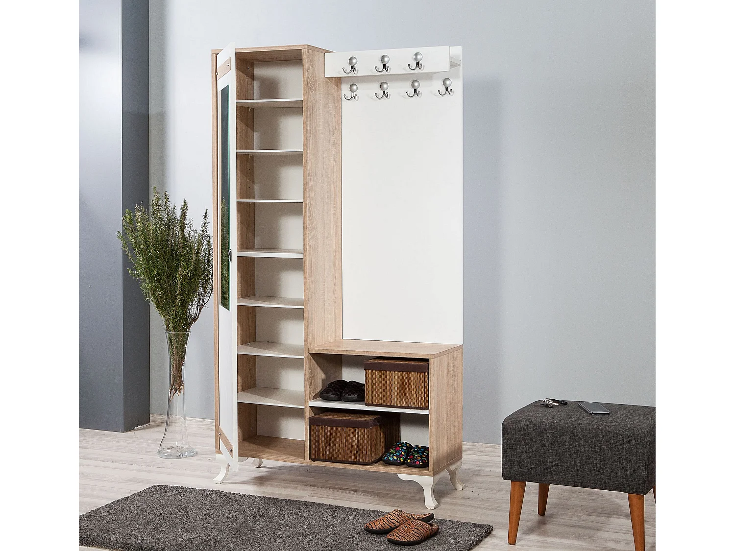 Meuble d'entré avec miroir Ayfara L100xH190cm Bois clair, Blanc