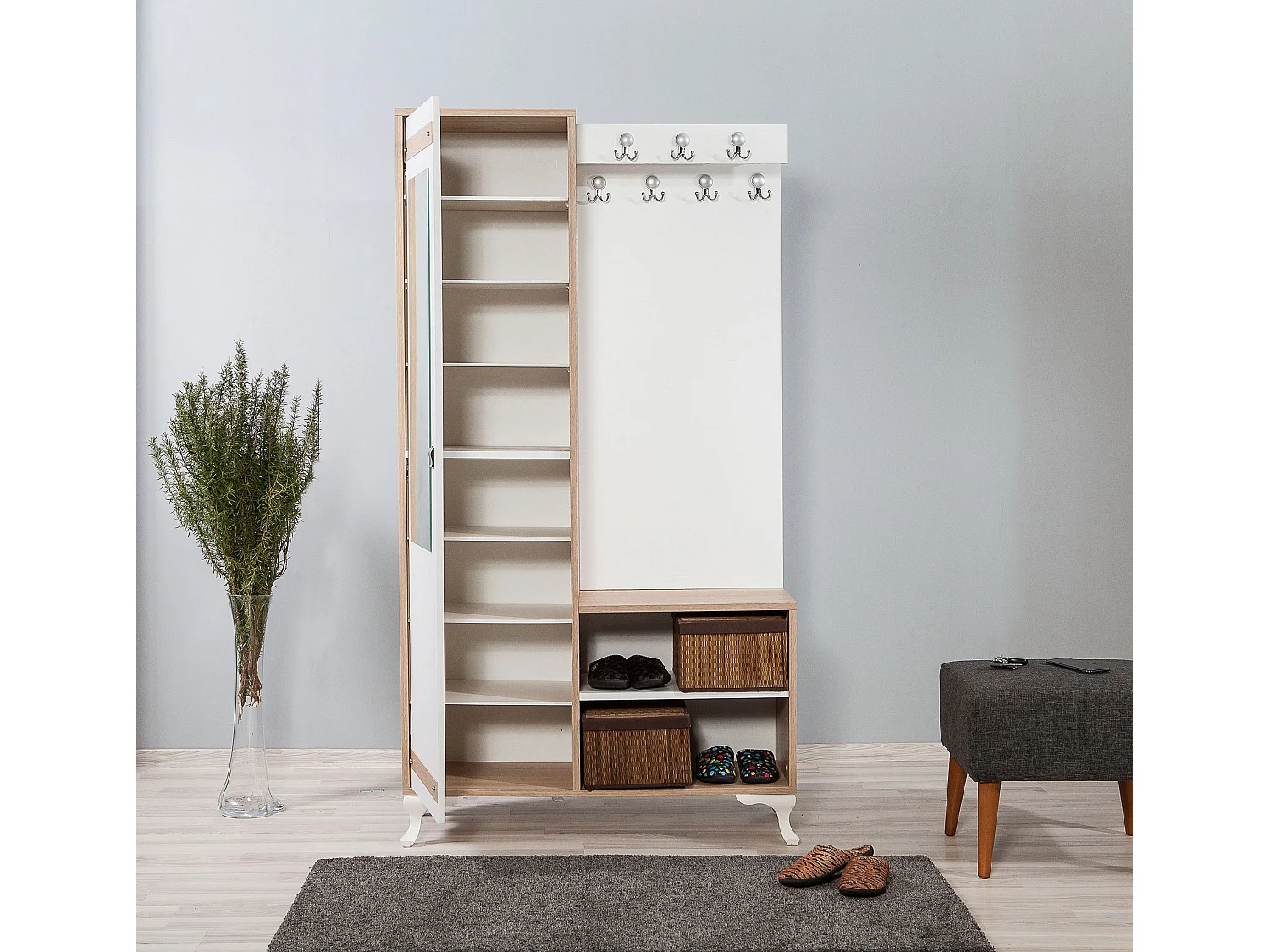 Meuble d'entré avec miroir Ayfara L100xH190cm Bois clair, Blanc