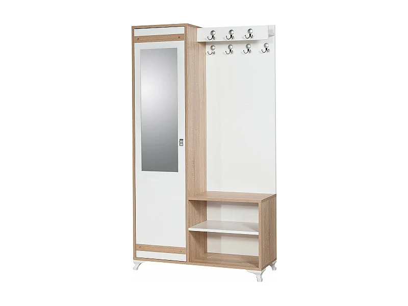 Meuble d'entré avec miroir Ayfara L100xH190cm Bois clair, Blanc
