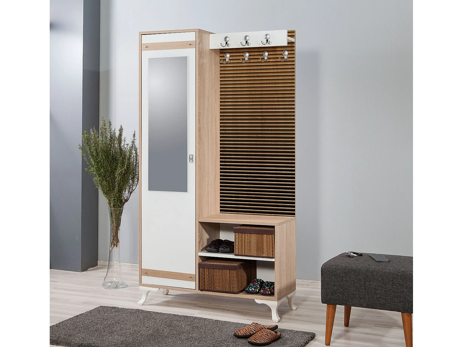 Meuble d'entré avec miroir Ayfara L100xH190cm Bois clair, Blanc et Motif rayures dégradé Jaune