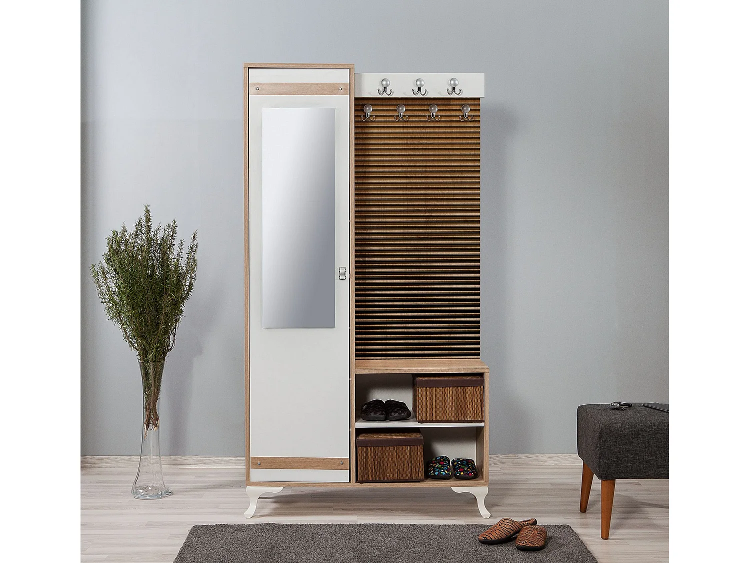 Meuble d'entré avec miroir Ayfara L100xH190cm Bois clair, Blanc et Motif rayures dégradé Jaune