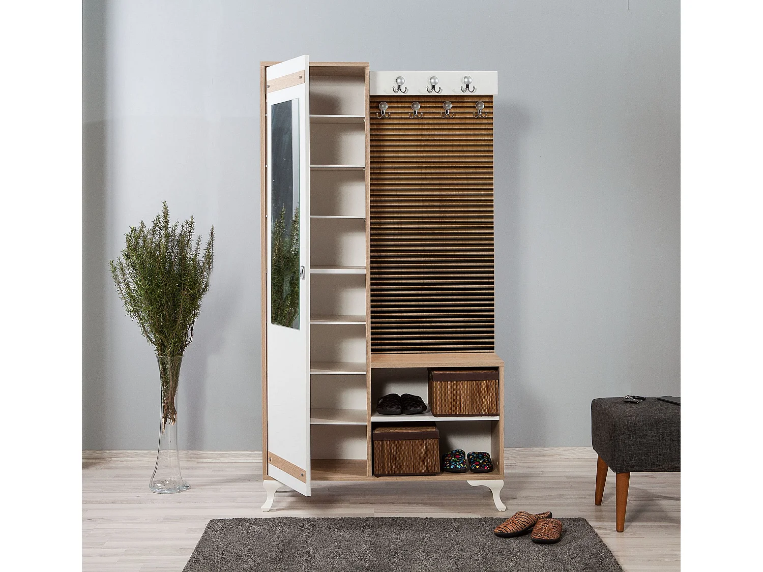 Meuble d'entré avec miroir Ayfara L100xH190cm Bois clair, Blanc et Motif rayures dégradé Jaune