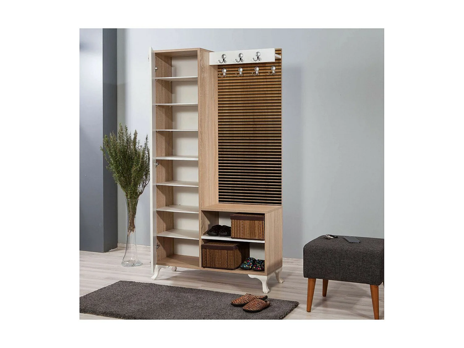 Meuble d'entré avec miroir Ayfara L100xH190cm Bois clair, Blanc et Motif rayures dégradé Jaune